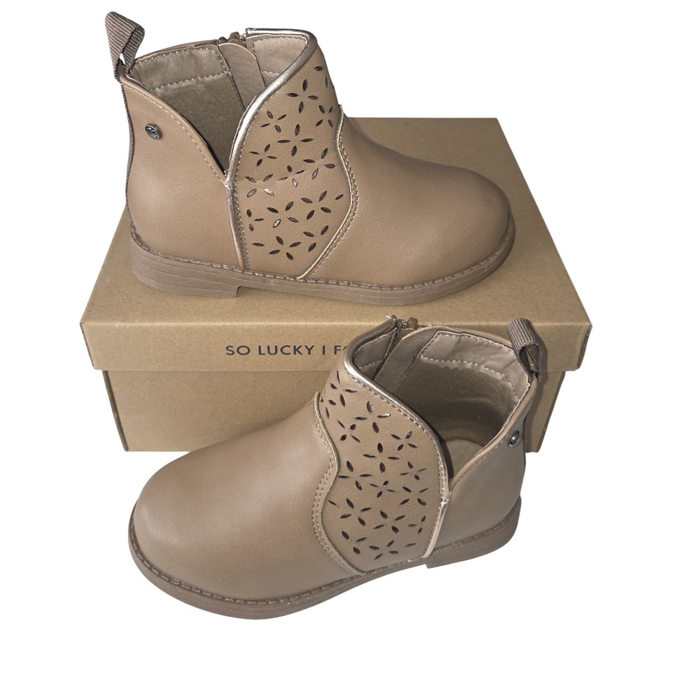 Lucky Brand Tan Floral Laser Cut Ankle Boots Tan Gold Trim Zipper Bootie Size 13